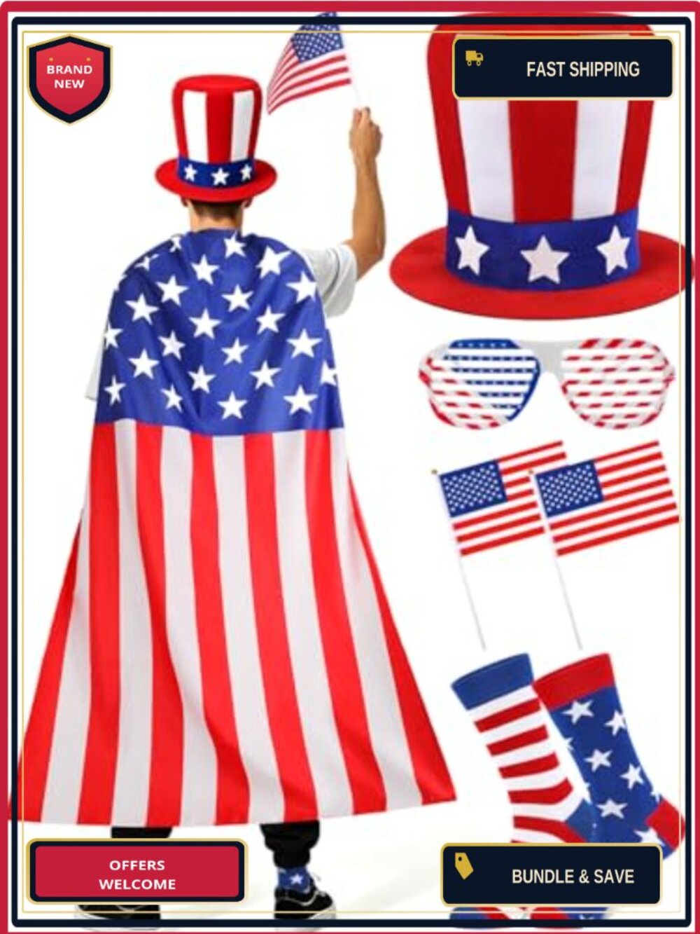 Patriotic Costume Accessories Set American Flag Cape Uncle Sam Hat Adult